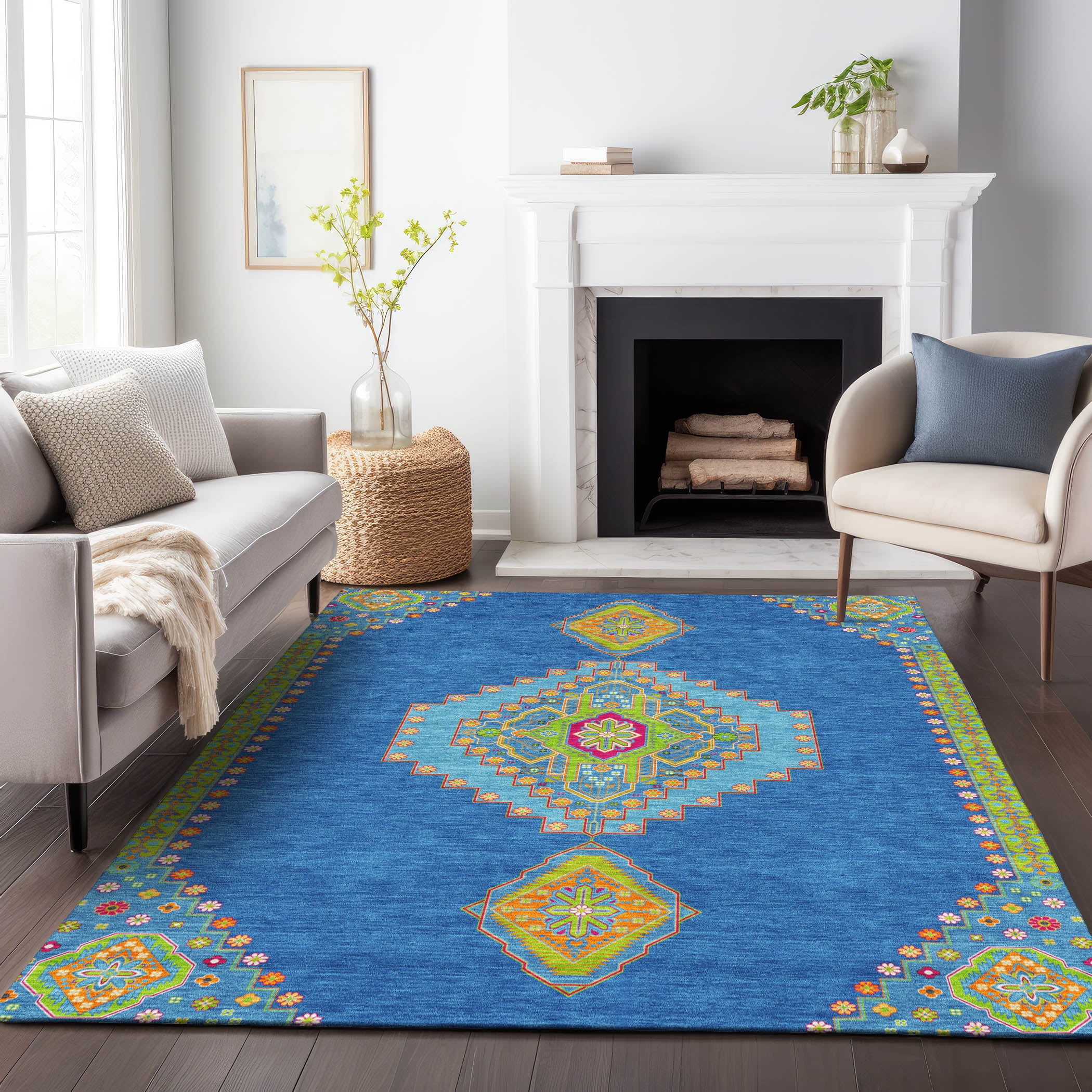 Navy and Orange Synthetic Medallion Washable Area Rug