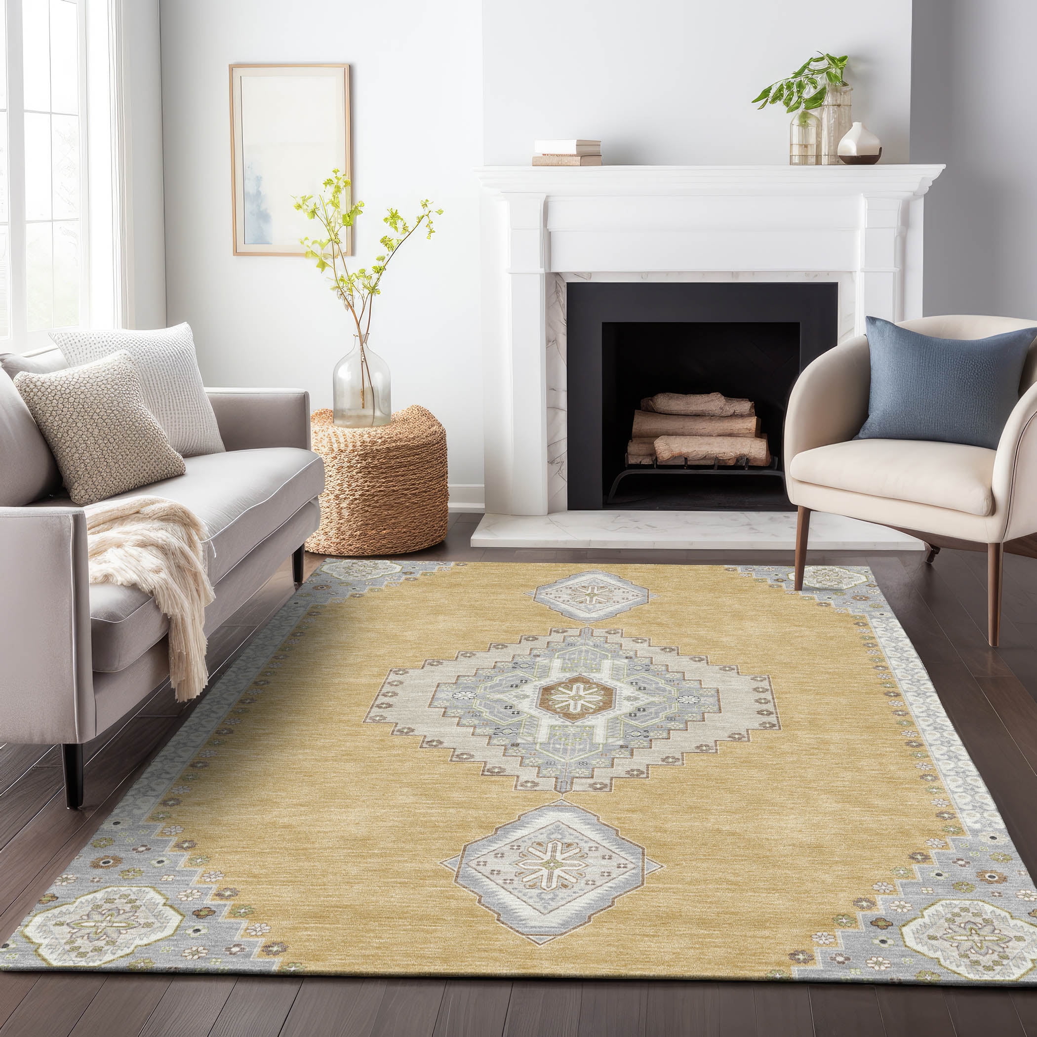 Gold and Gray Medallion Synthetic Washable 8' x 10' Rug