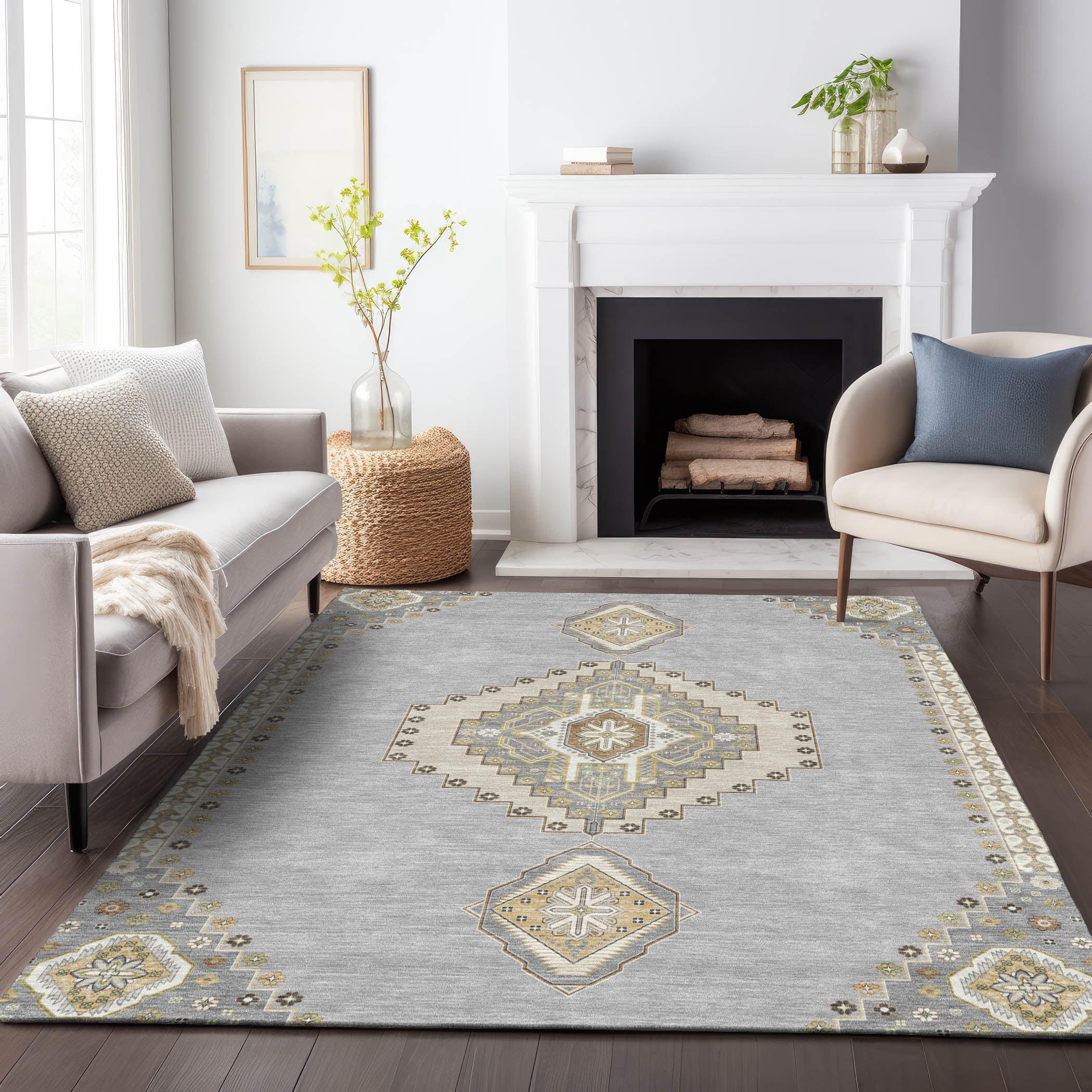 Gray and Beige Synthetic Medallion Rectangular 5' x 7' Area Rug