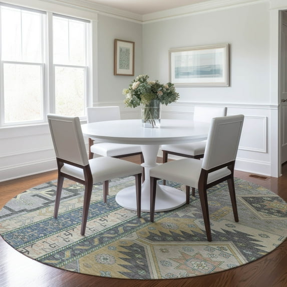 Addison Rugs Chantille Indoor/Outdoor Transitional Aztec Silver Washable Round Rug, 8' x 8'