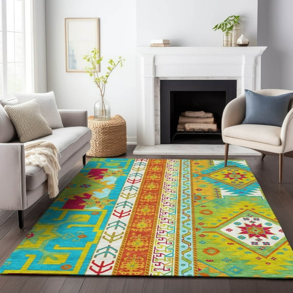 Addison Rugs Chantille Indoor/Outdoor Transitional Aztec Teal Washable Rectangle Rug, 2'6" x 3'10"