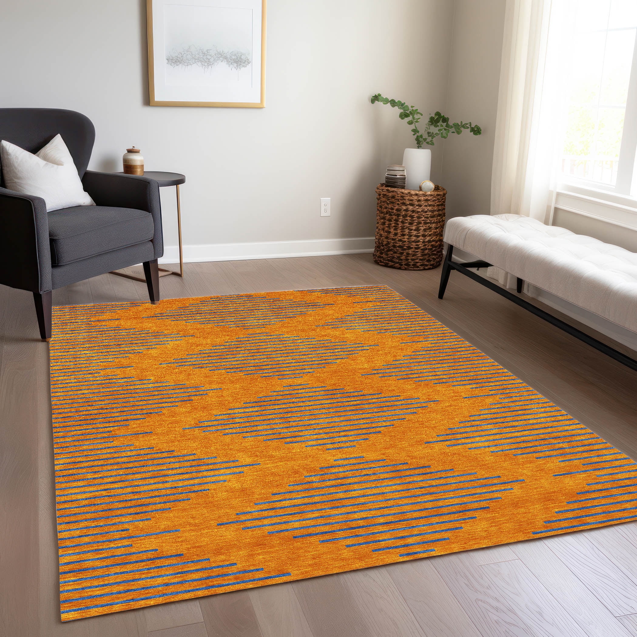 Orange and Blue Geometric Synthetic Washable Rug 46" x 30"