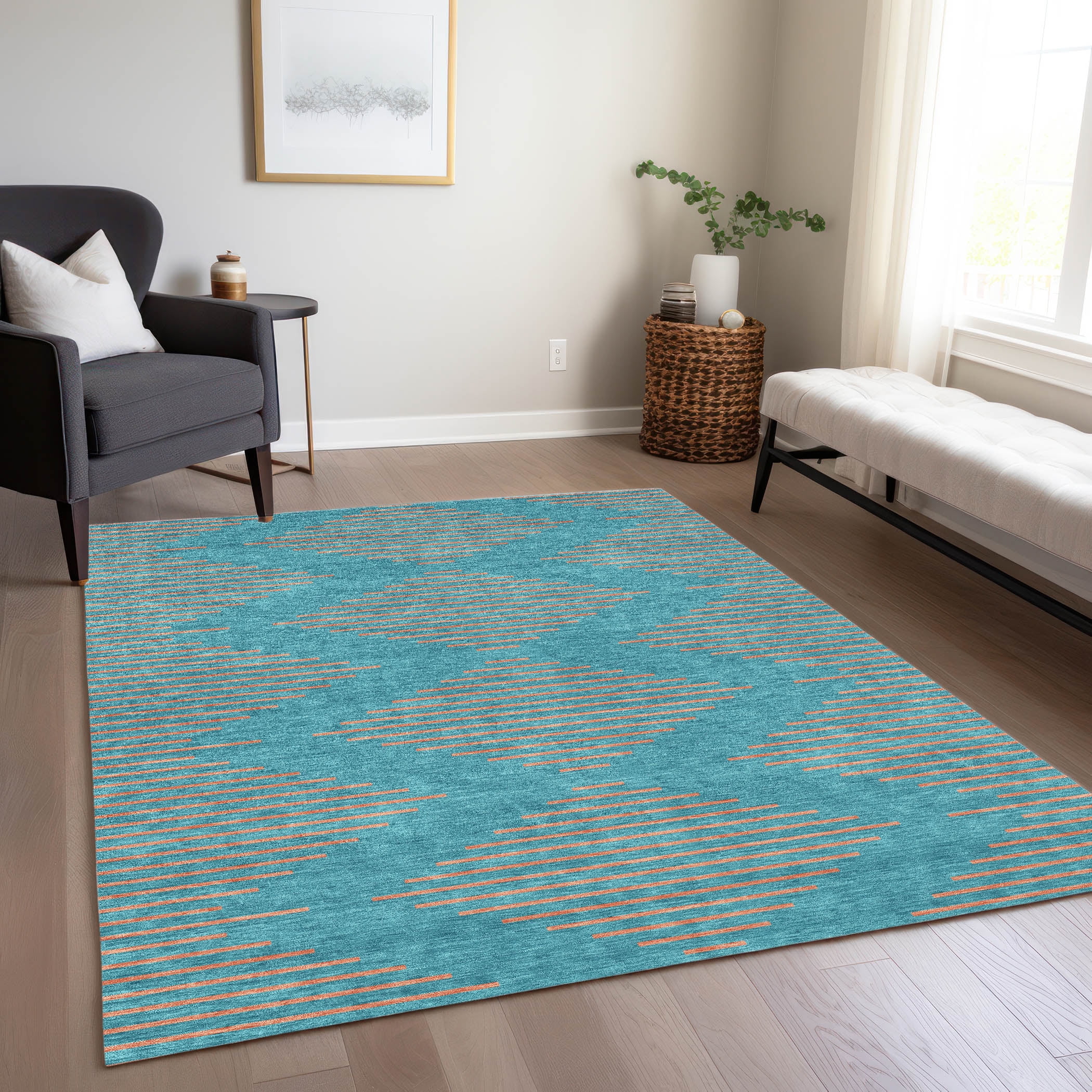 Teal Geometric Diamond Pattern Washable Synthetic Area Rug 9' x 12'