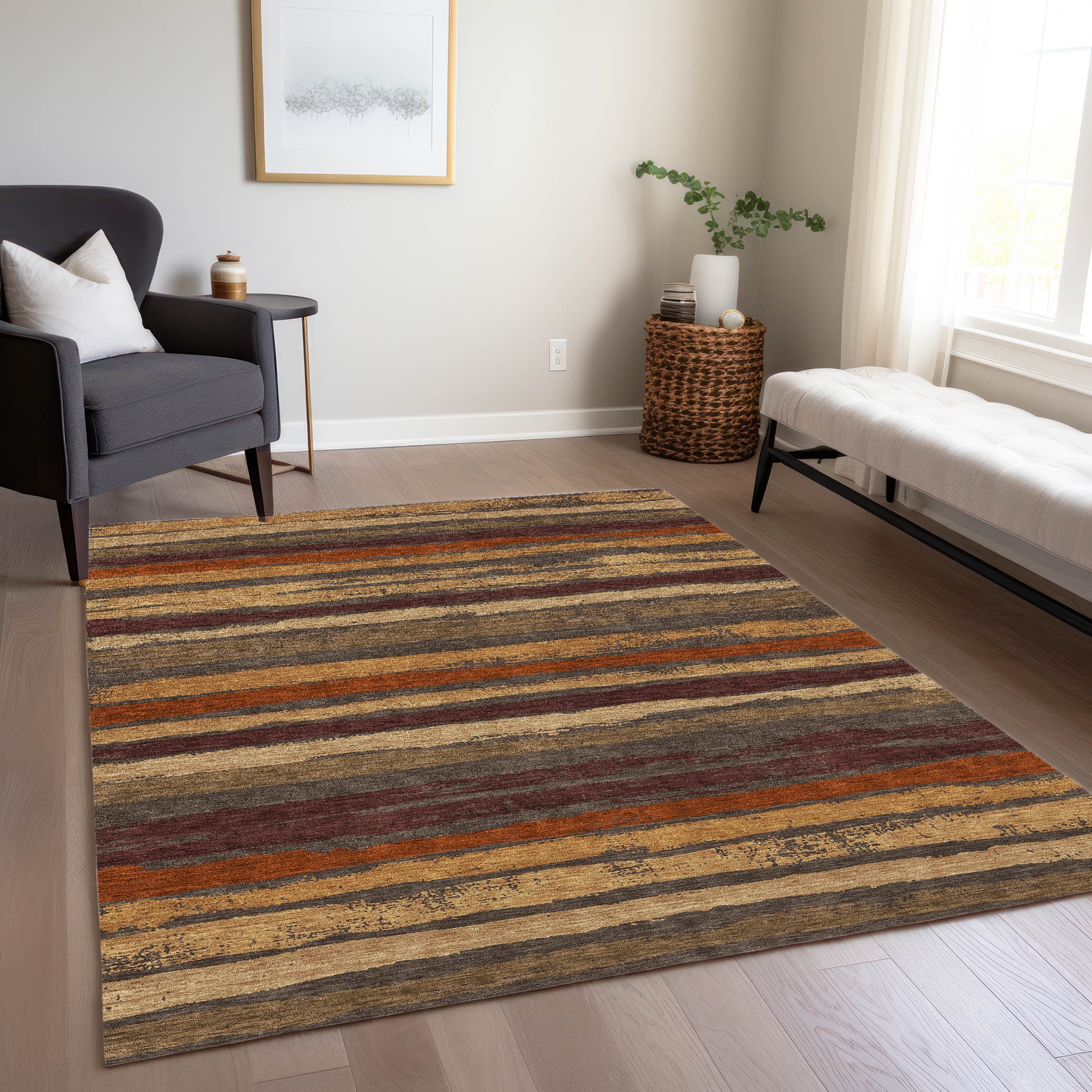 Chocolate and Beige Striped Synthetic Washable Area Rug