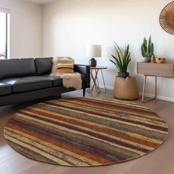 Addison Rugs Chantille Indoor/Outdoor Transitional Stripes Chocolate Washable Round Rug, 8' x 8'