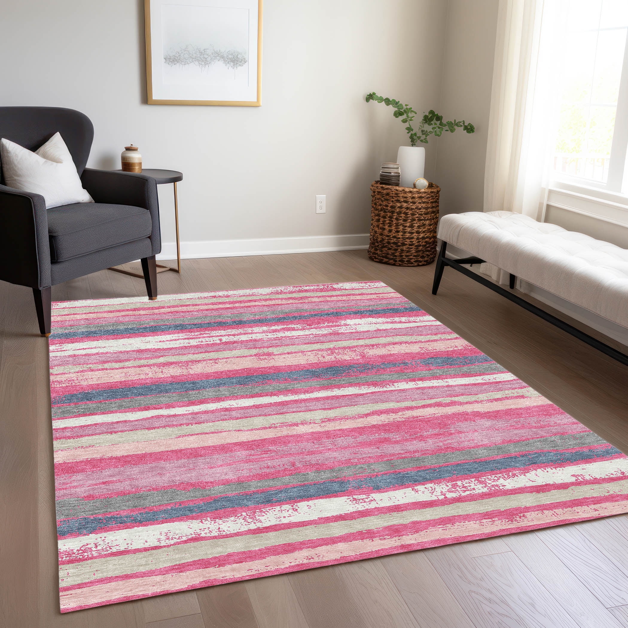 Pink and Gray Striped Washable Synthetic Area Rug