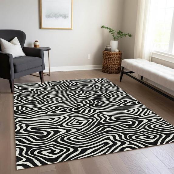 Addison Rugs Chantille Indoor/Outdoor Transitional Swirls Black Washable Rectangle Rug, 3' x 5'