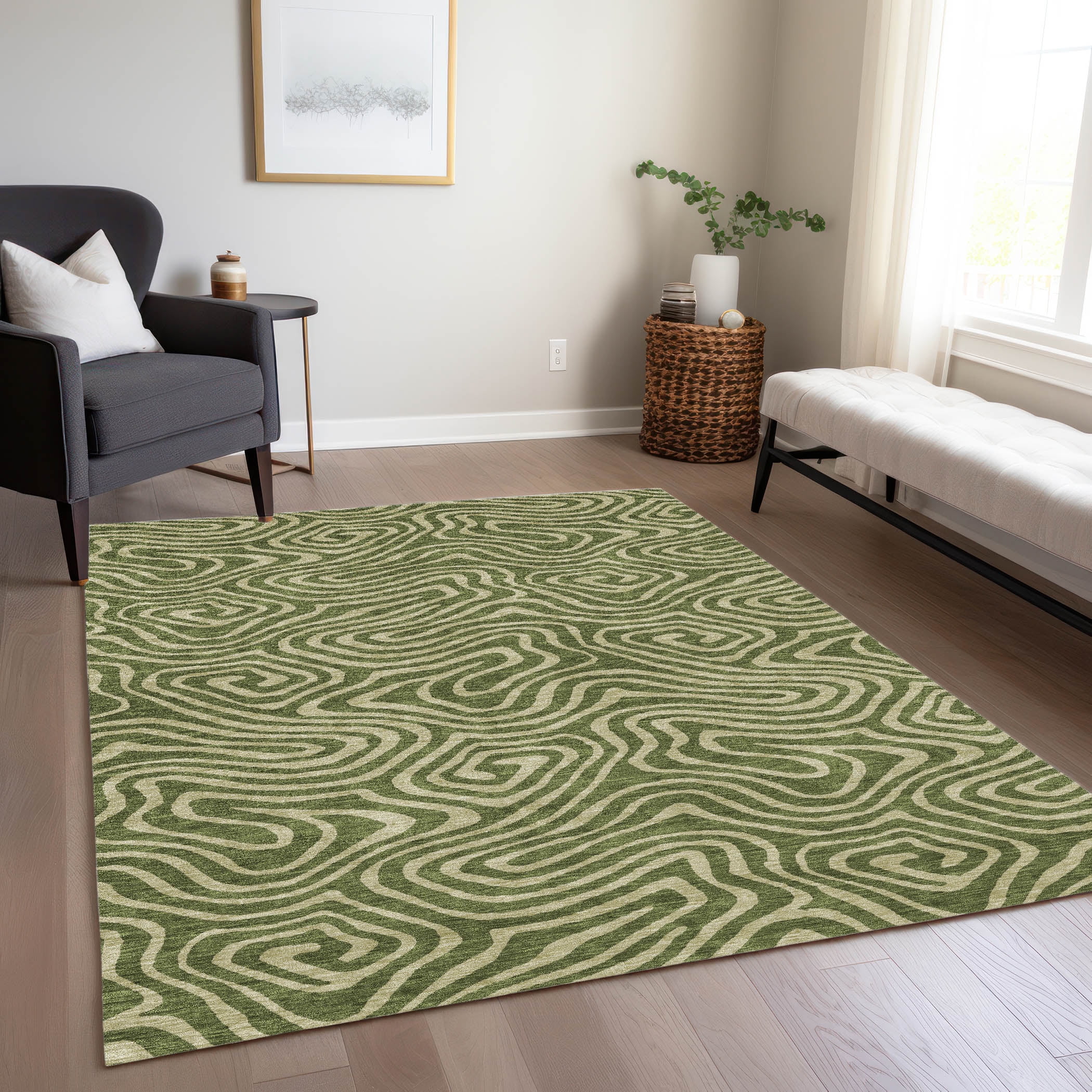 Olive and Beige Synthetic Flat Woven Washable Rug