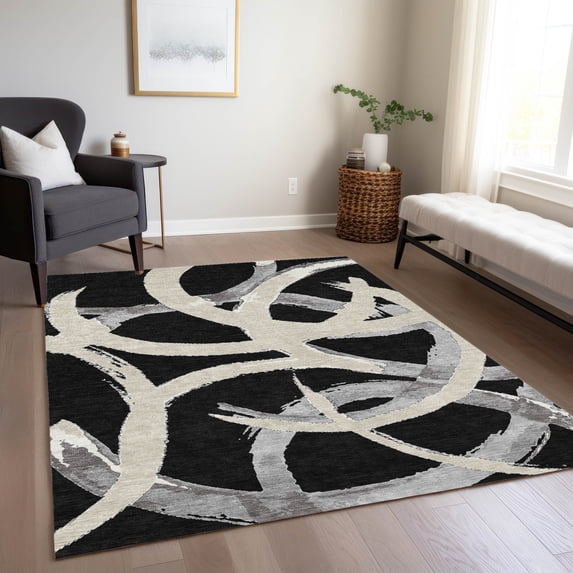 Addison Rugs Chantille Indoor/Outdoor Transitional Circles Black Washable Rectangle Rug, 9' x 12'