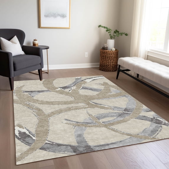 Addison Rugs Chantille Indoor/Outdoor Transitional Circles Beige Washable Rectangle Rug, 3' x 5'