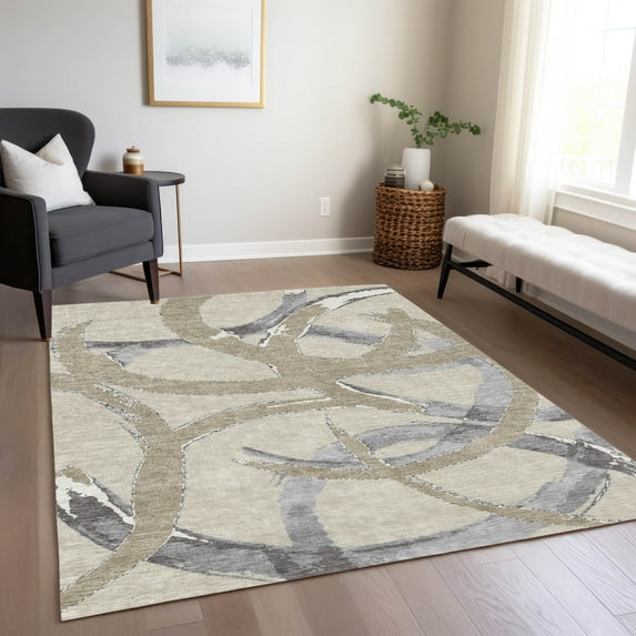 Addison Rugs Chantille Indoor/Outdoor Transitional Circles Beige Washable Rectangle Rug, 8' x 10'