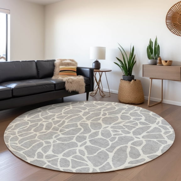 Addison Rugs Chantille Indoor/Outdoor Transitional Geometric Silver Washable Round Rug, 8' x 8'