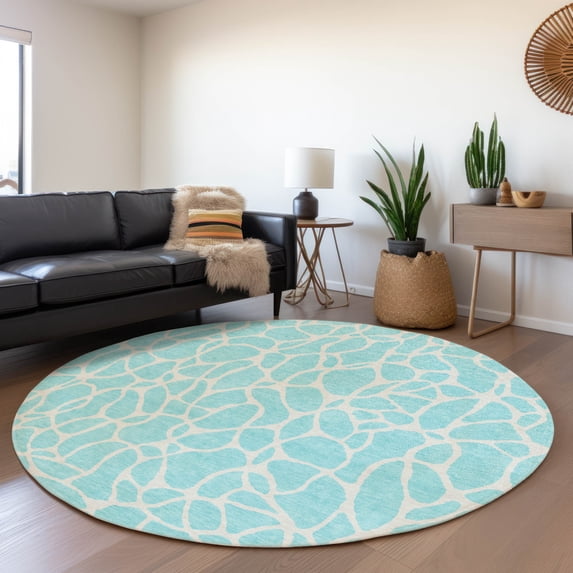 Addison Rugs Chantille Indoor/Outdoor Transitional Geometric Aqua Washable Round Rug, 8' x 8'