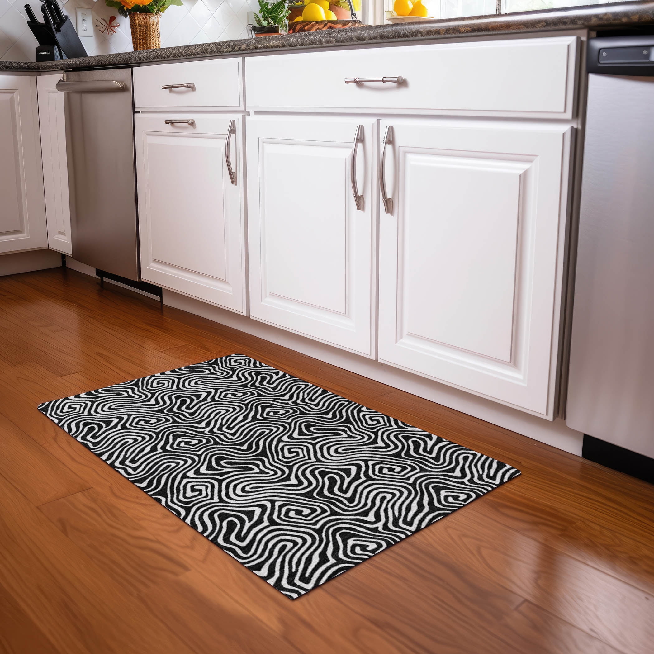 Black and White Flat Woven Synthetic Rectangular Rug