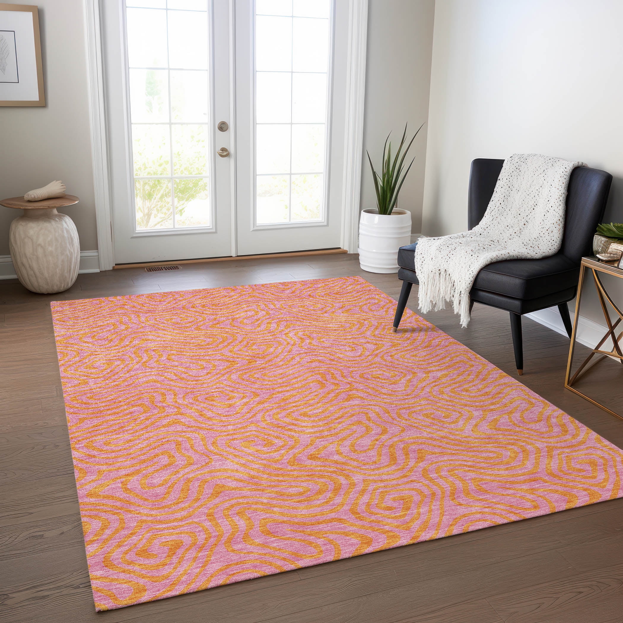 Pink Rectangular Washable Synthetic Flat Woven Rug