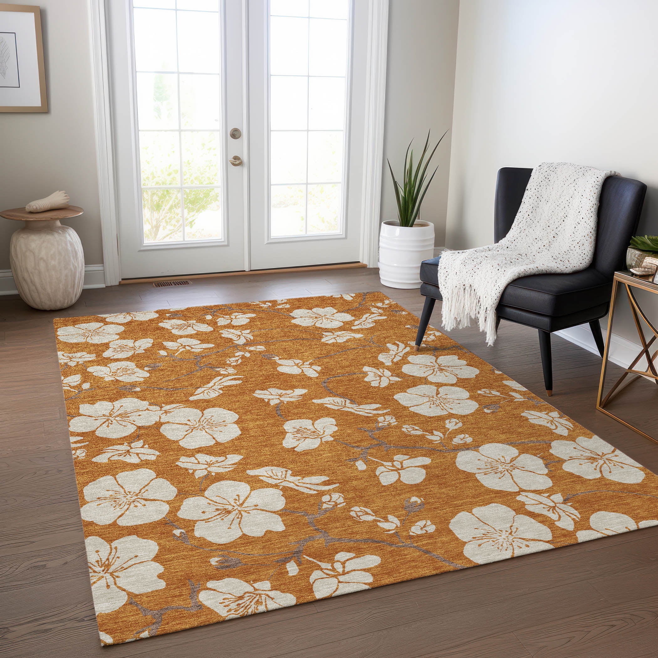 Paprika Floral Synthetic Washable Non-slip Rectangular Rug