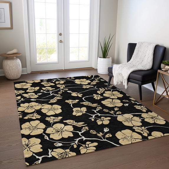 Addison Rugs Chantille Indoor/Outdoor Transitional Floral Black Washable Rectangle Rug, 10' x 14'