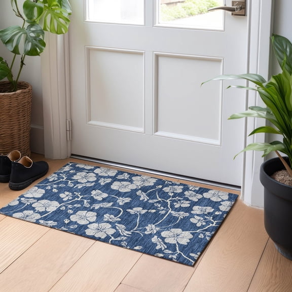 Addison Rugs Chantille Indoor/Outdoor Transitional Floral Navy Washable Rectangle Rug, 1'8" x 2'6"