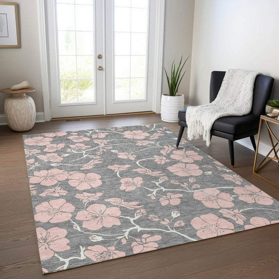 Addison Rugs Chantille Indoor/Outdoor Transitional Floral Gray Washable Rectangle Rug, 9' x 12'