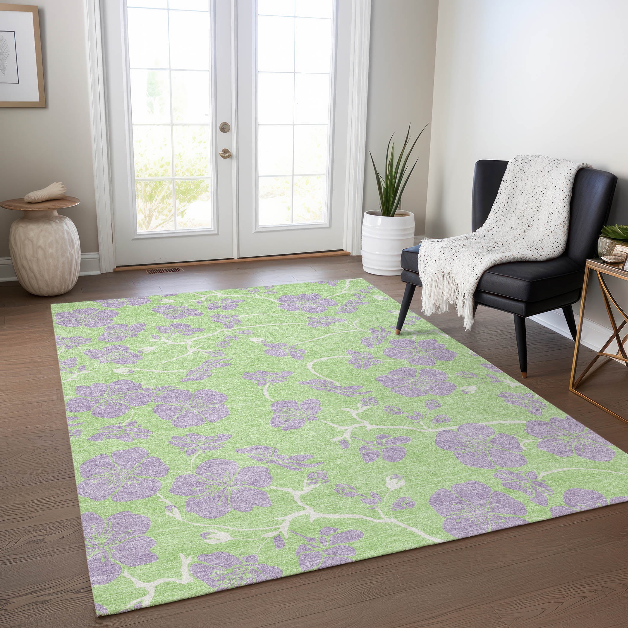 Mint and Lavender Floral Washable Synthetic Area Rug