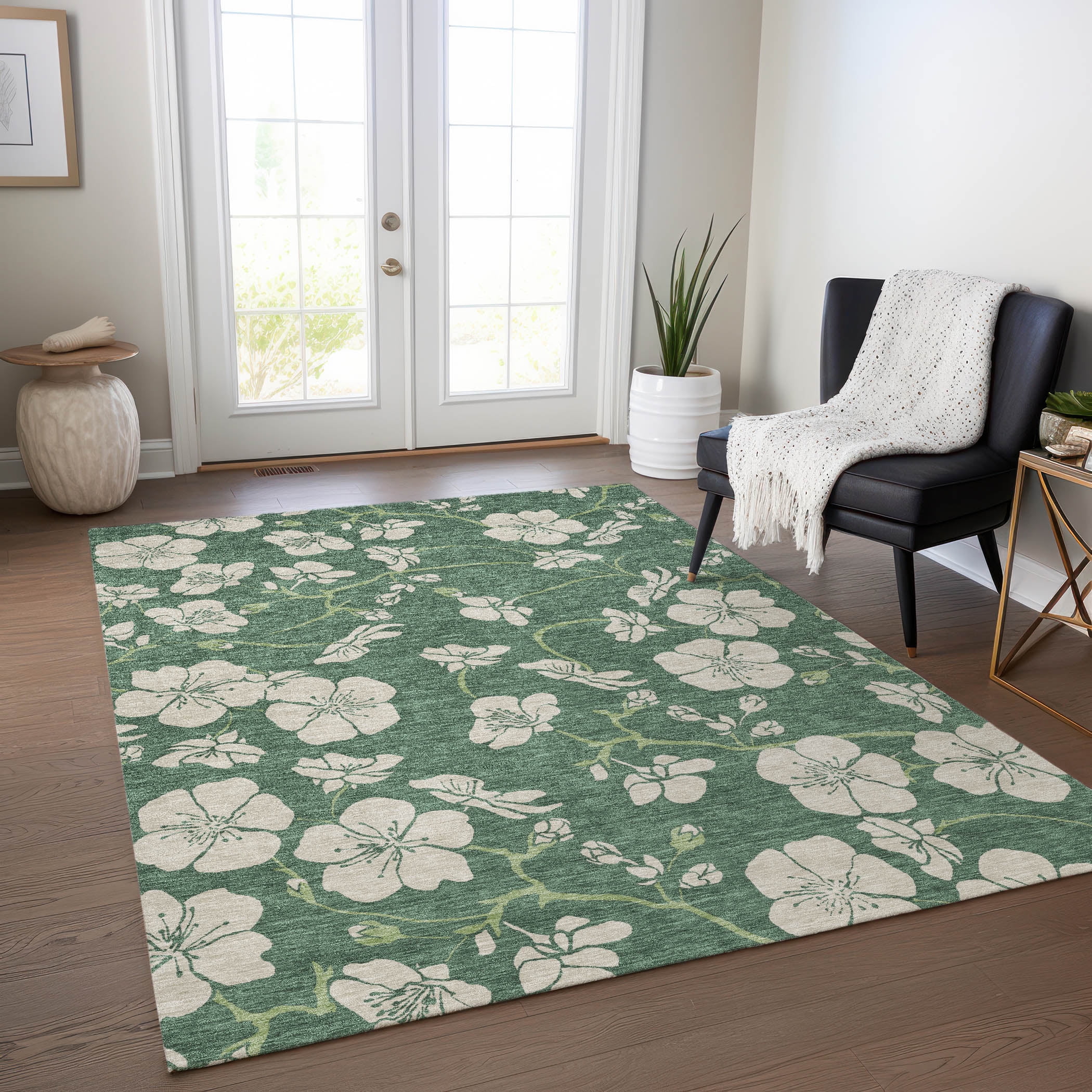 Sage Floral Synthetic Washable Rectangular Area Rug