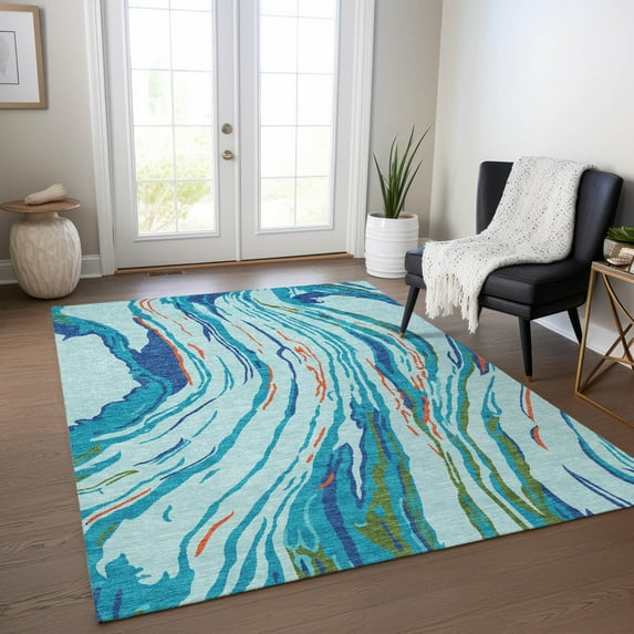Addison Rugs Chantille Indoor/Outdoor Transitional Swirls Blue Washable Rectangle Rug, 5' x 7'6"