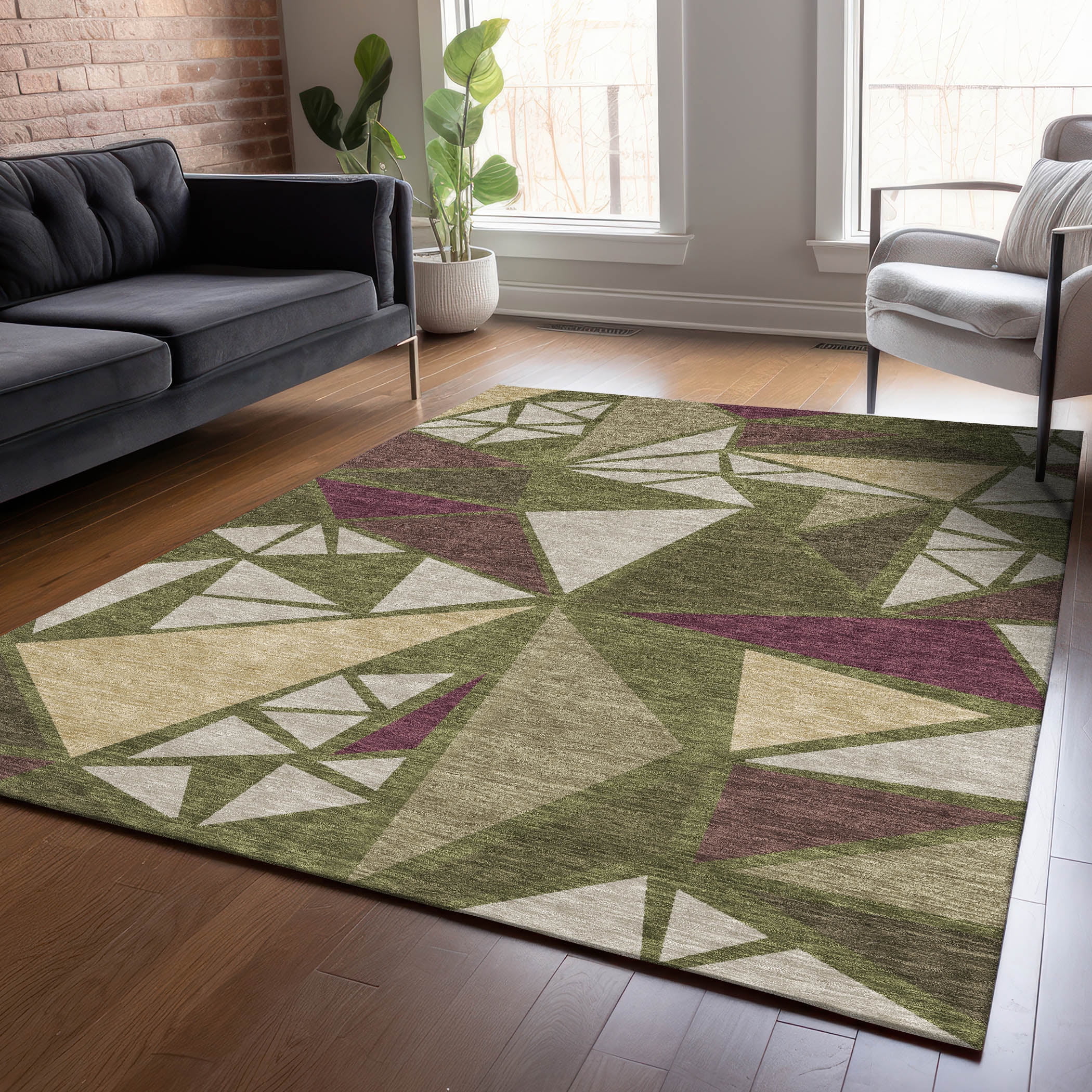 Olive Geometric Flat Woven Synthetic Area Rug