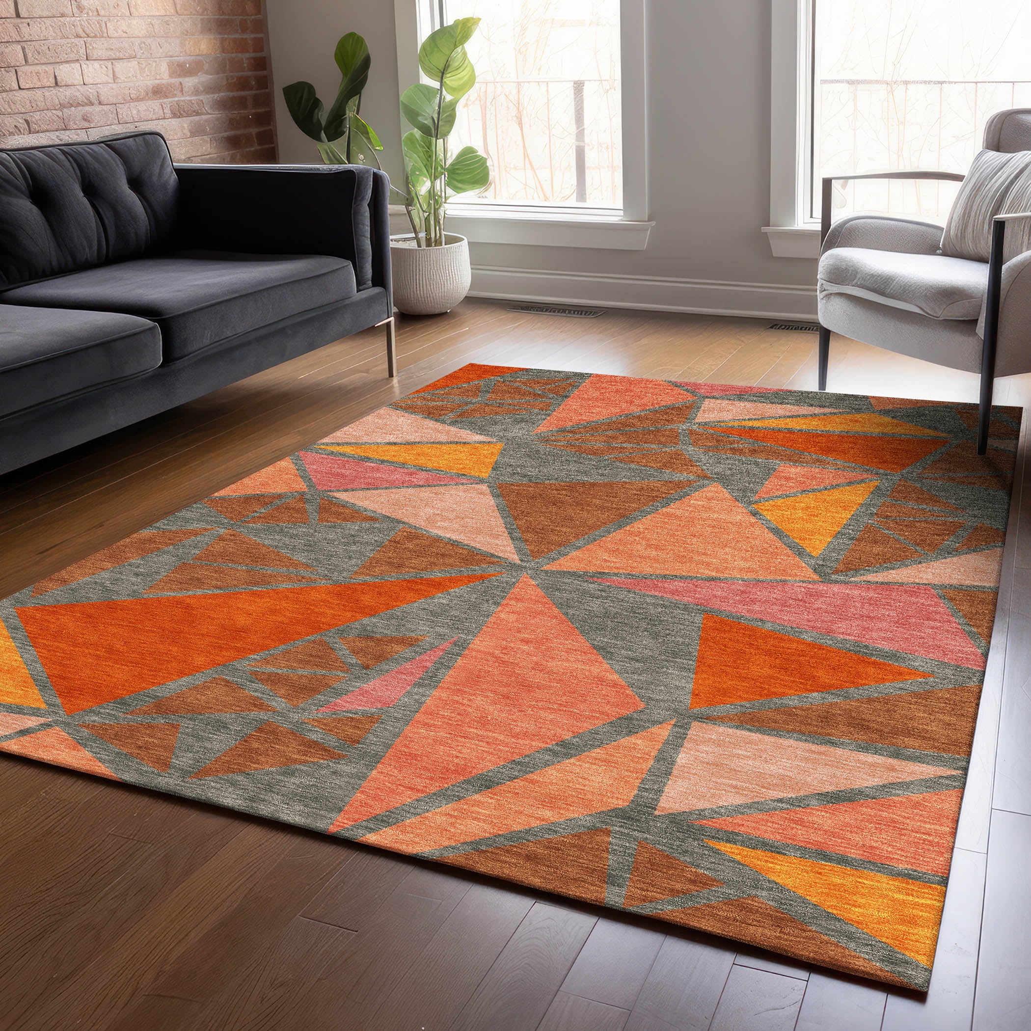 Rust and Gray Geometric Washable Indoor/Outdoor Rug 2'6" x 3'10"