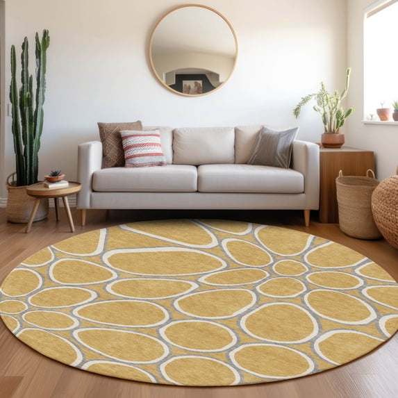 Addison Rugs Chantille Indoor/Outdoor Transitional Circles Gold Washable Round Rug, 8' x 8'