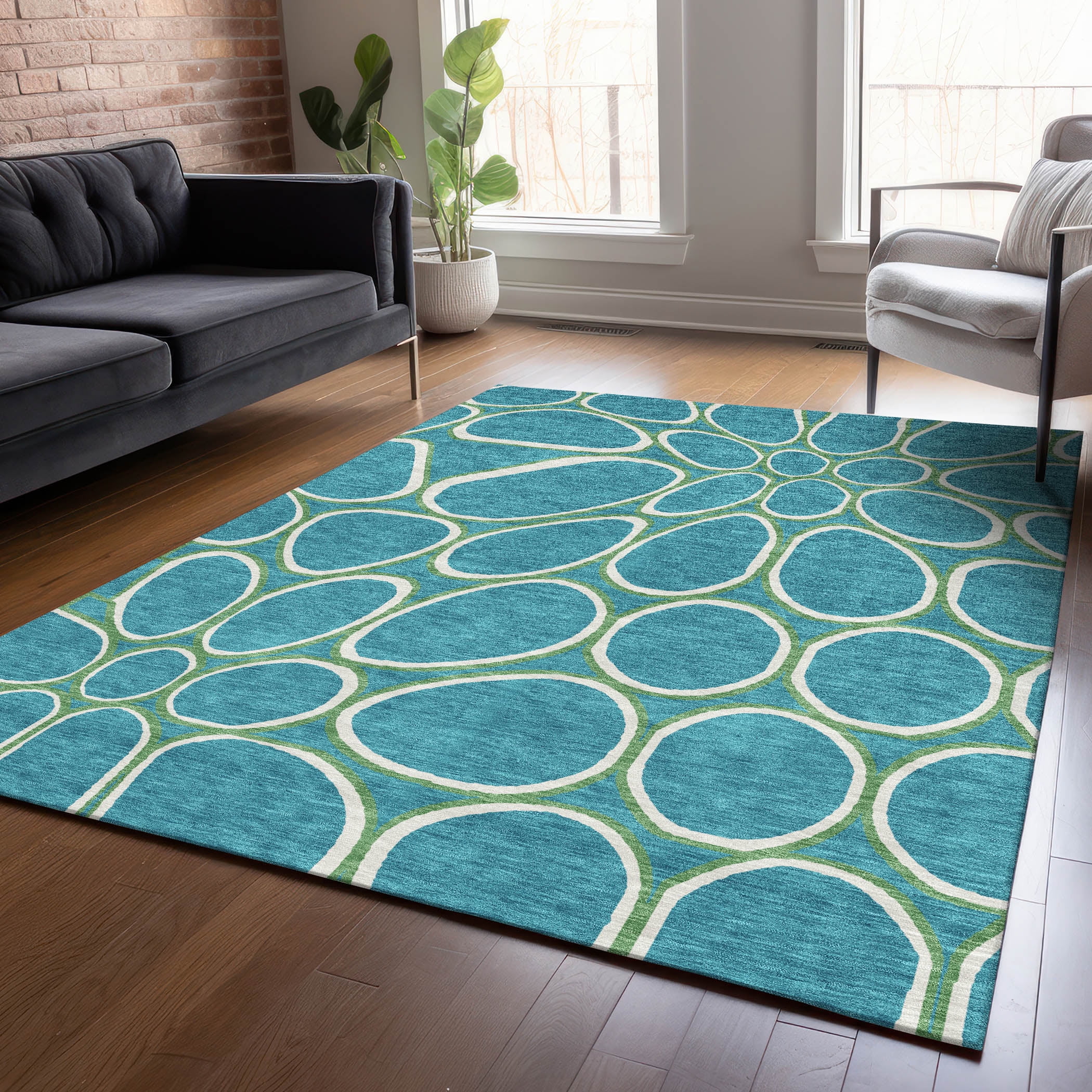 Teal and White Synthetic Flat Woven Washable Area Rug