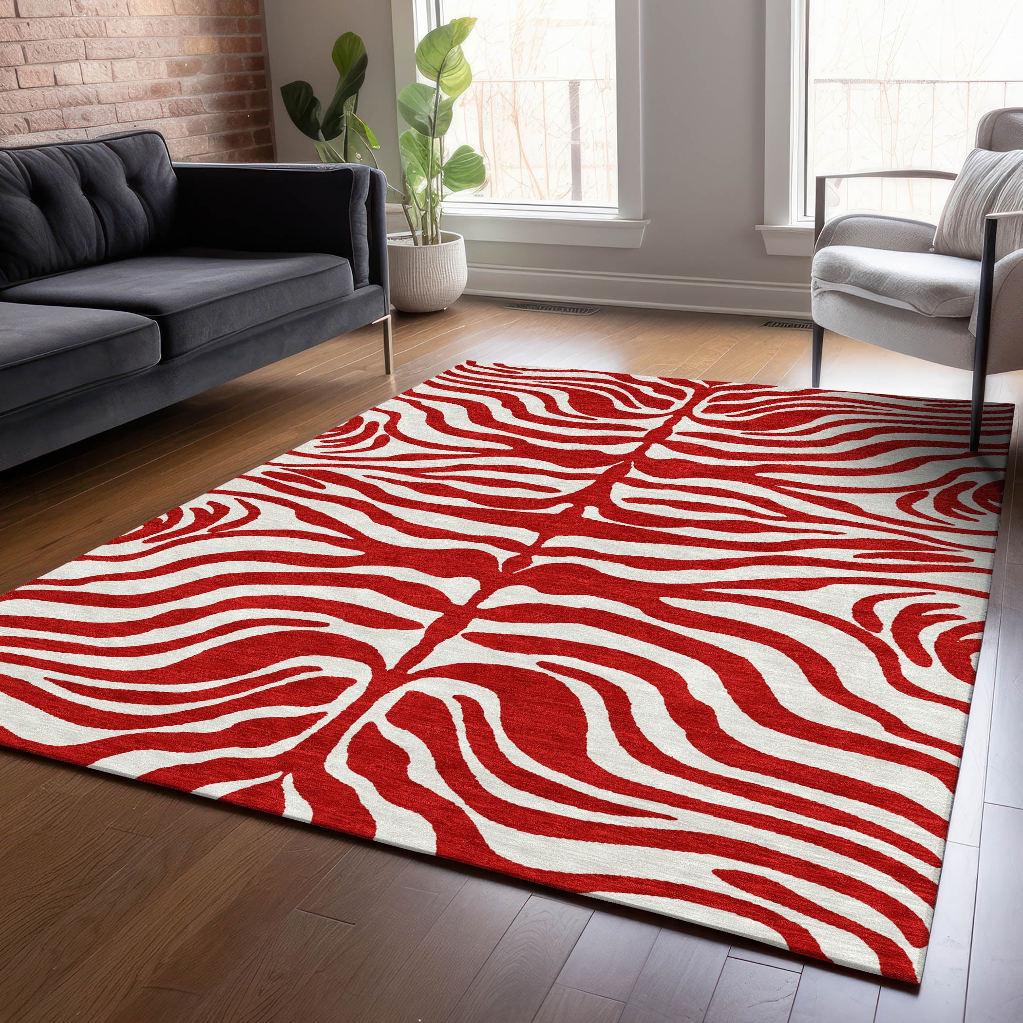Red and White Zebra Pattern Washable Synthetic Area Rug