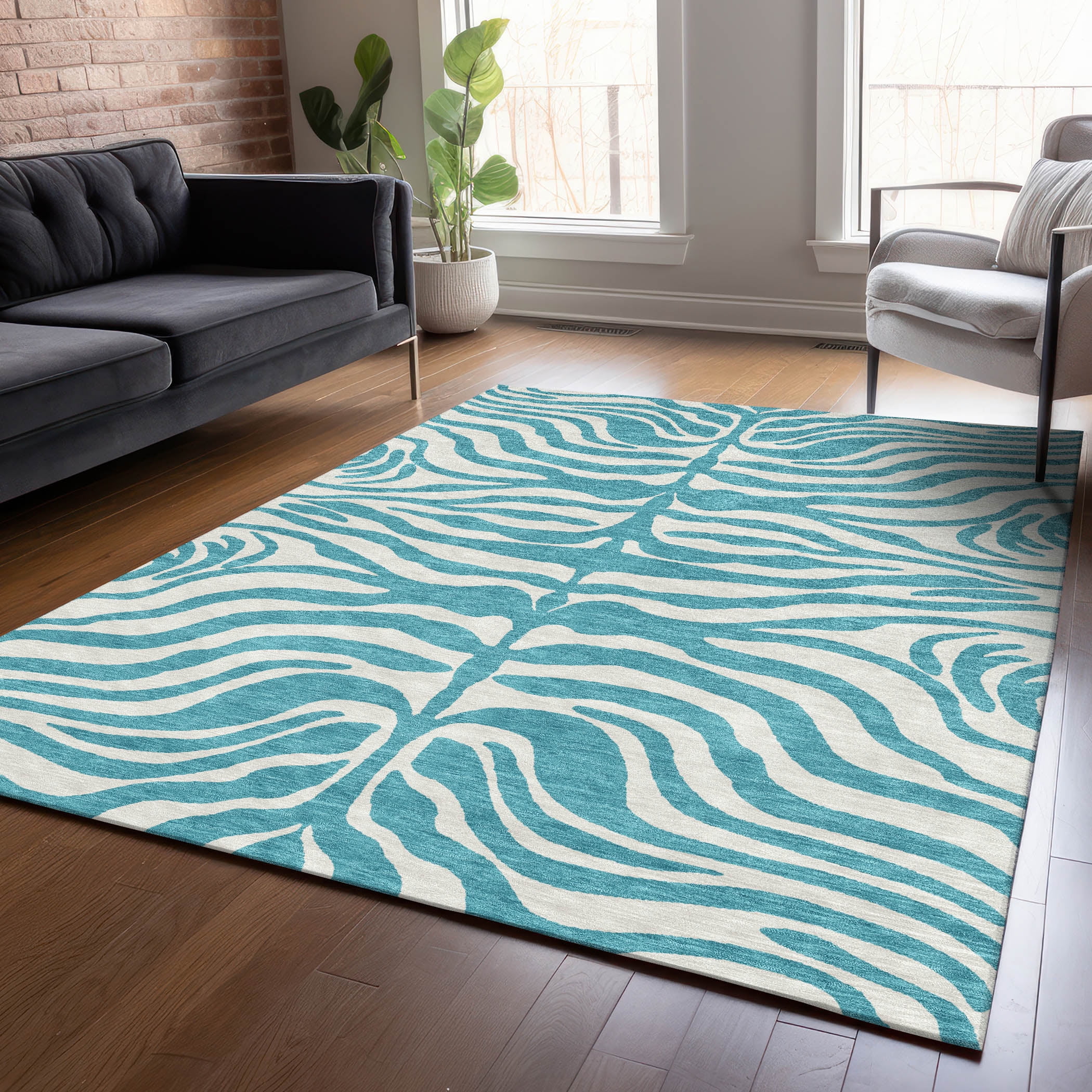 Teal and White Zebra Pattern Washable Synthetic Area Rug