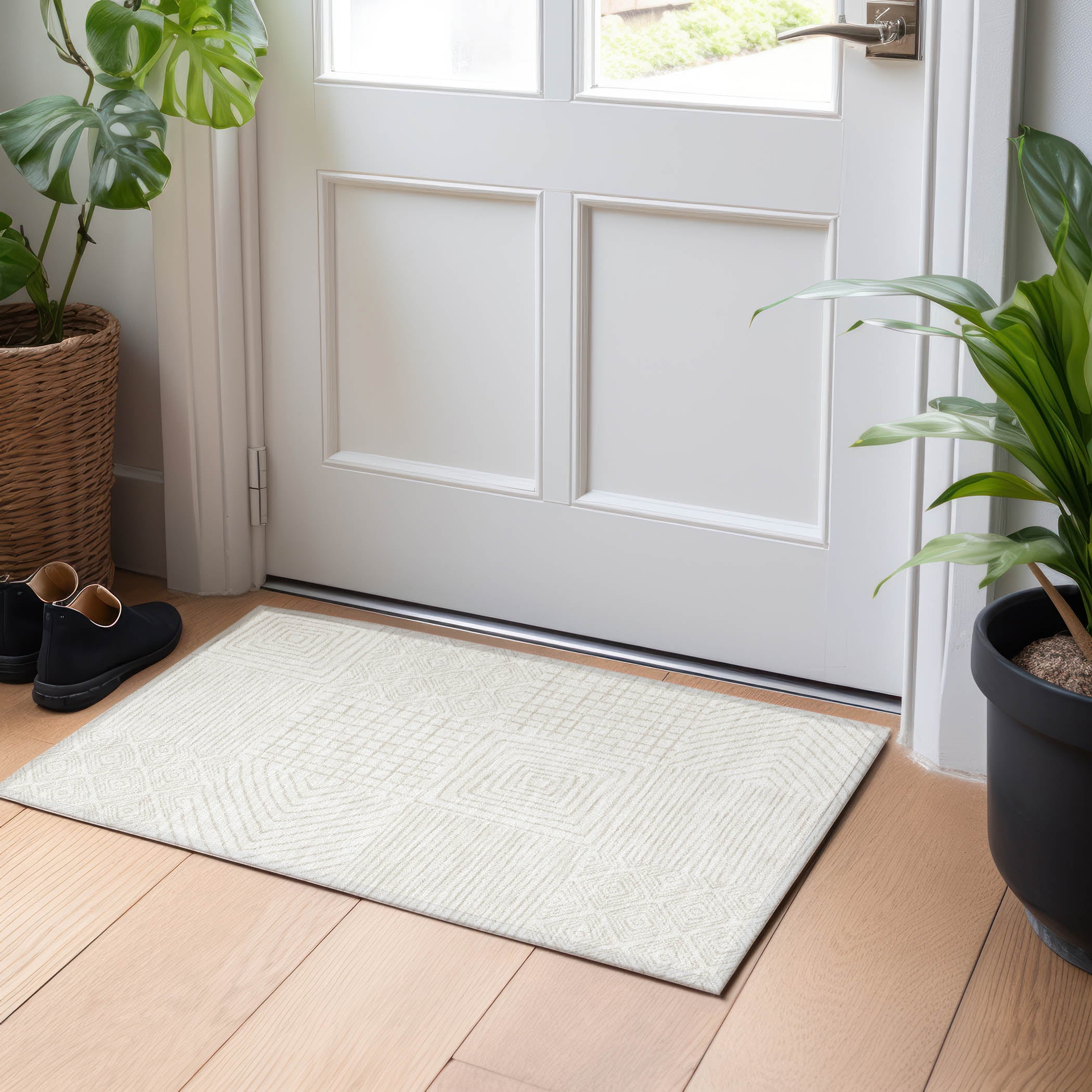 Ivory Flat Woven Synthetic Square Rug, 30" x 20"