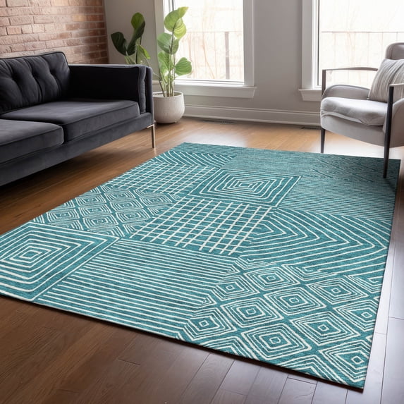 Addison Rugs Chantille Indoor/Outdoor Transitional Geometric Teal Washable Rectangle Rug, 8' x 10'