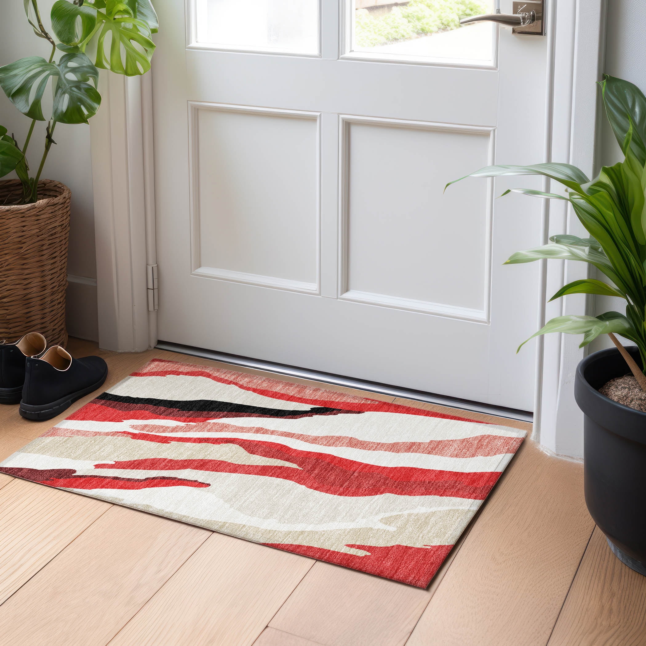 Red and Beige Flat Woven Washable Rectangular Rug