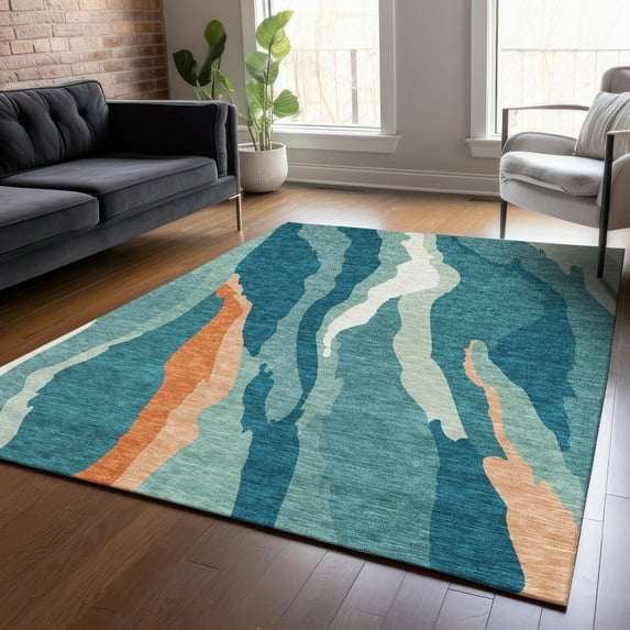 Addison Rugs Chantille Indoor/Outdoor Transitional Waves Teal Washable Rectangle Rug, 10' x 14'