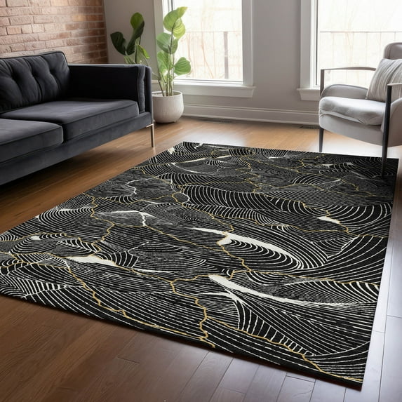 Addison Rugs Chantille Indoor/Outdoor Transitional Lines Black Washable Rectangle Rug, 10' x 14'