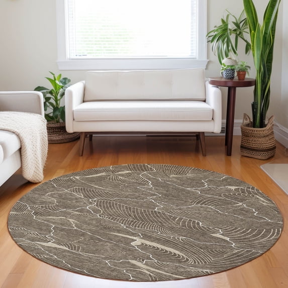 Addison Rugs Chantille Indoor/Outdoor Transitional Lines Brown Washable Round Rug, 8' x 8'