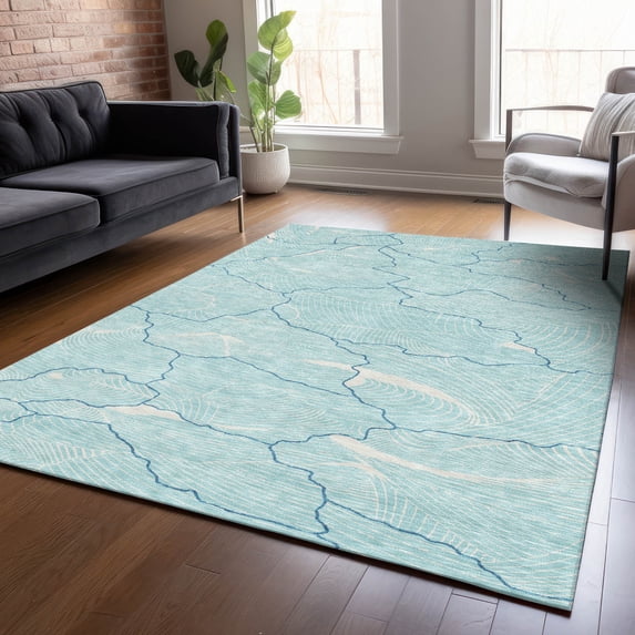 Addison Rugs Chantille Indoor/Outdoor Transitional Lines Aqua Washable Rectangle Rug, 5' x 7'6"