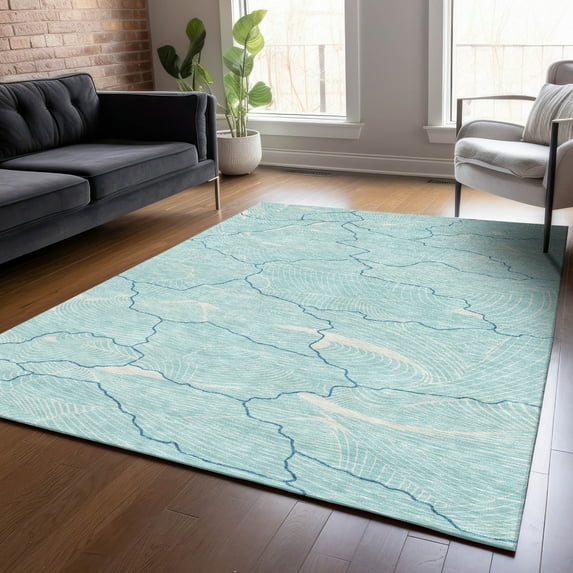 Addison Rugs Chantille Indoor/Outdoor Transitional Lines Aqua Washable Rectangle Rug, 8' x 10'