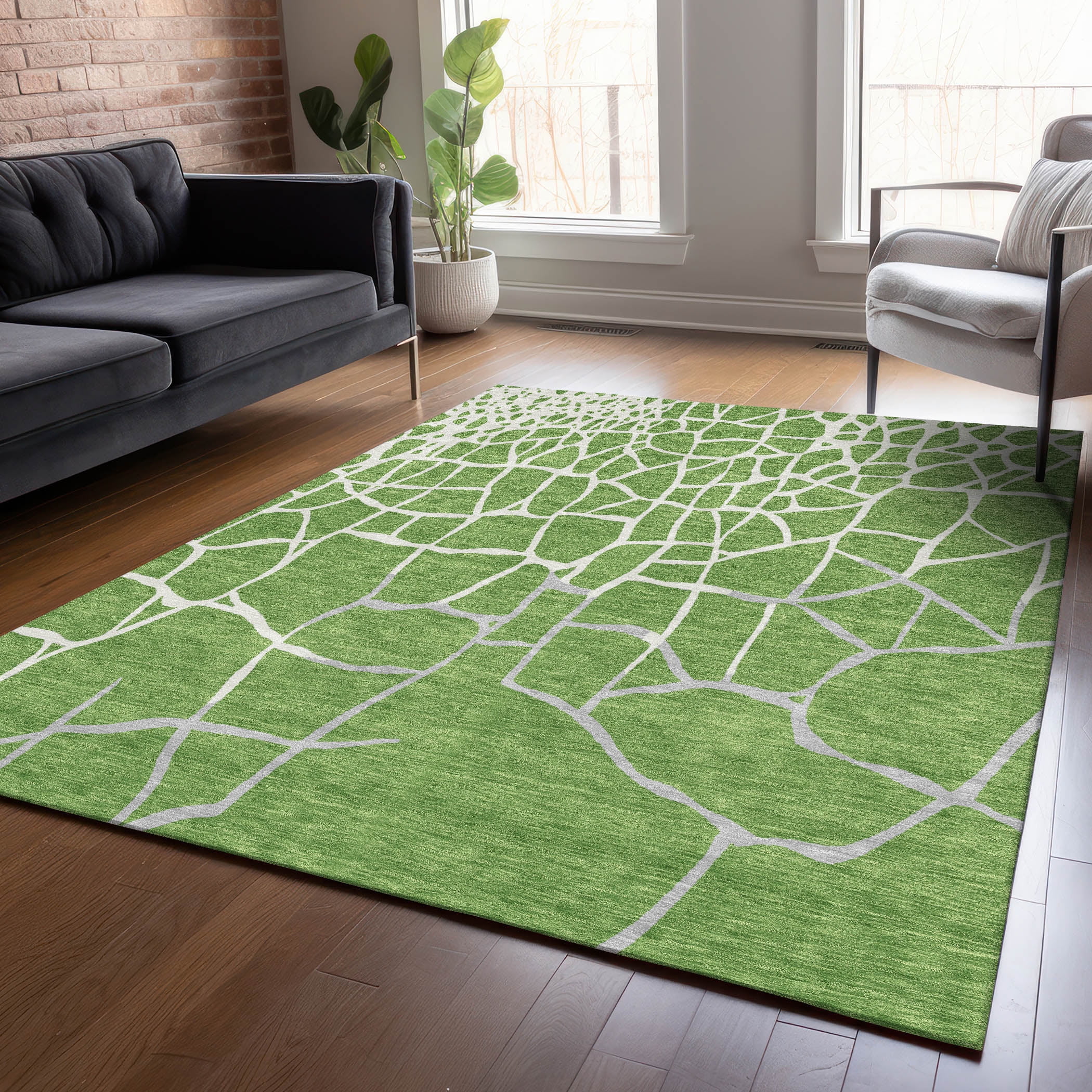 Green and White Synthetic Mosaic Pattern Washable Area Rug