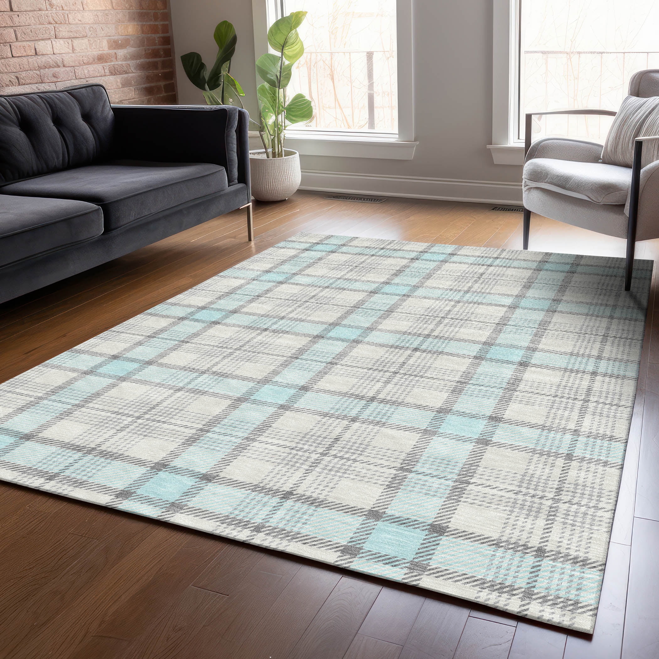 Sky Blue and Gray Synthetic Washable Plaid Area Rug