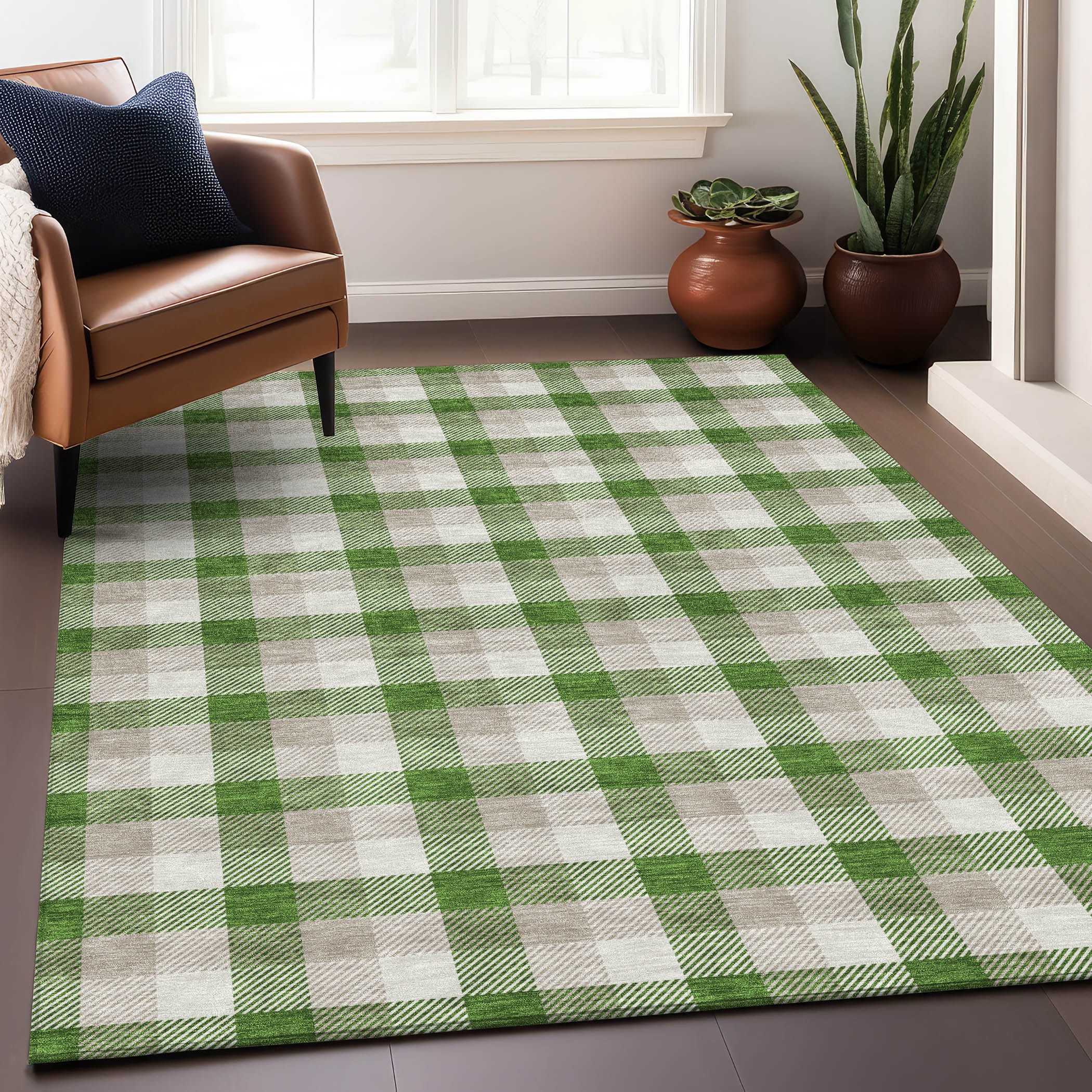 Emerald Green and Beige Plaid Washable Synthetic Area Rug