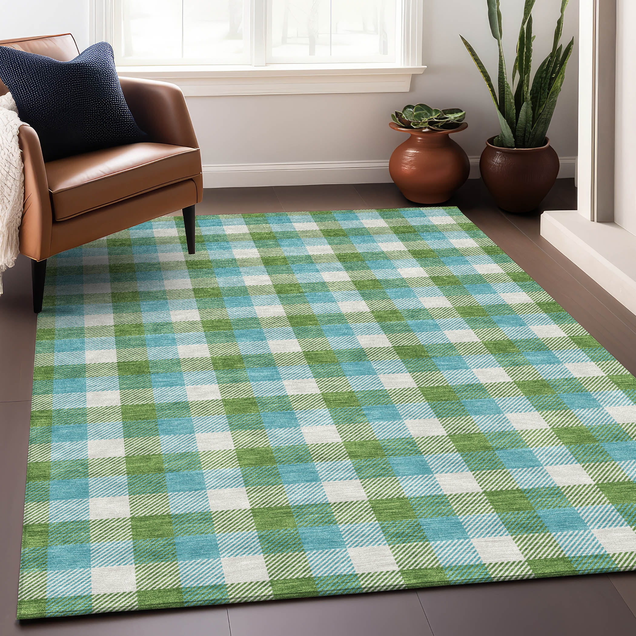 Lime and Blue Plaid Synthetic Washable Area Rug