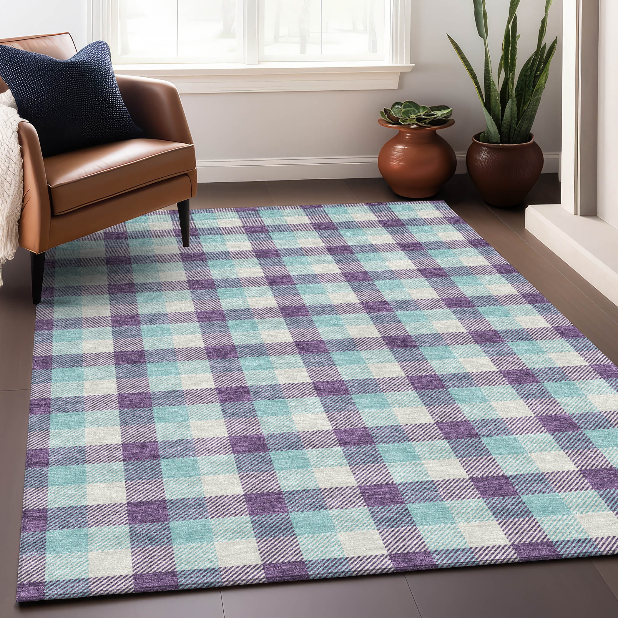 Purple and Aqua Plaid Washable Synthetic Area Rug