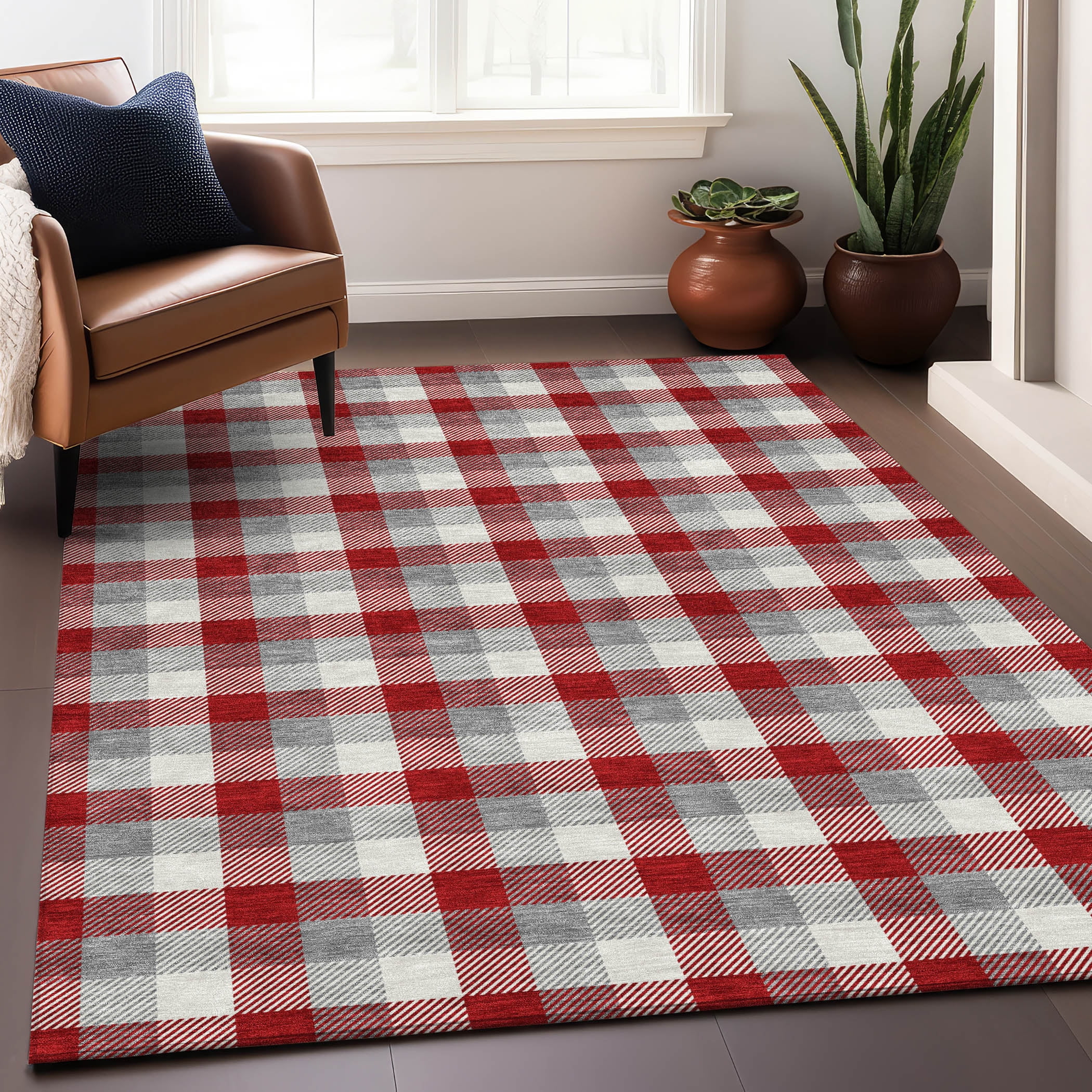 Red and Gray Plaid Washable Synthetic Area Rug 2'6" x 3'10"