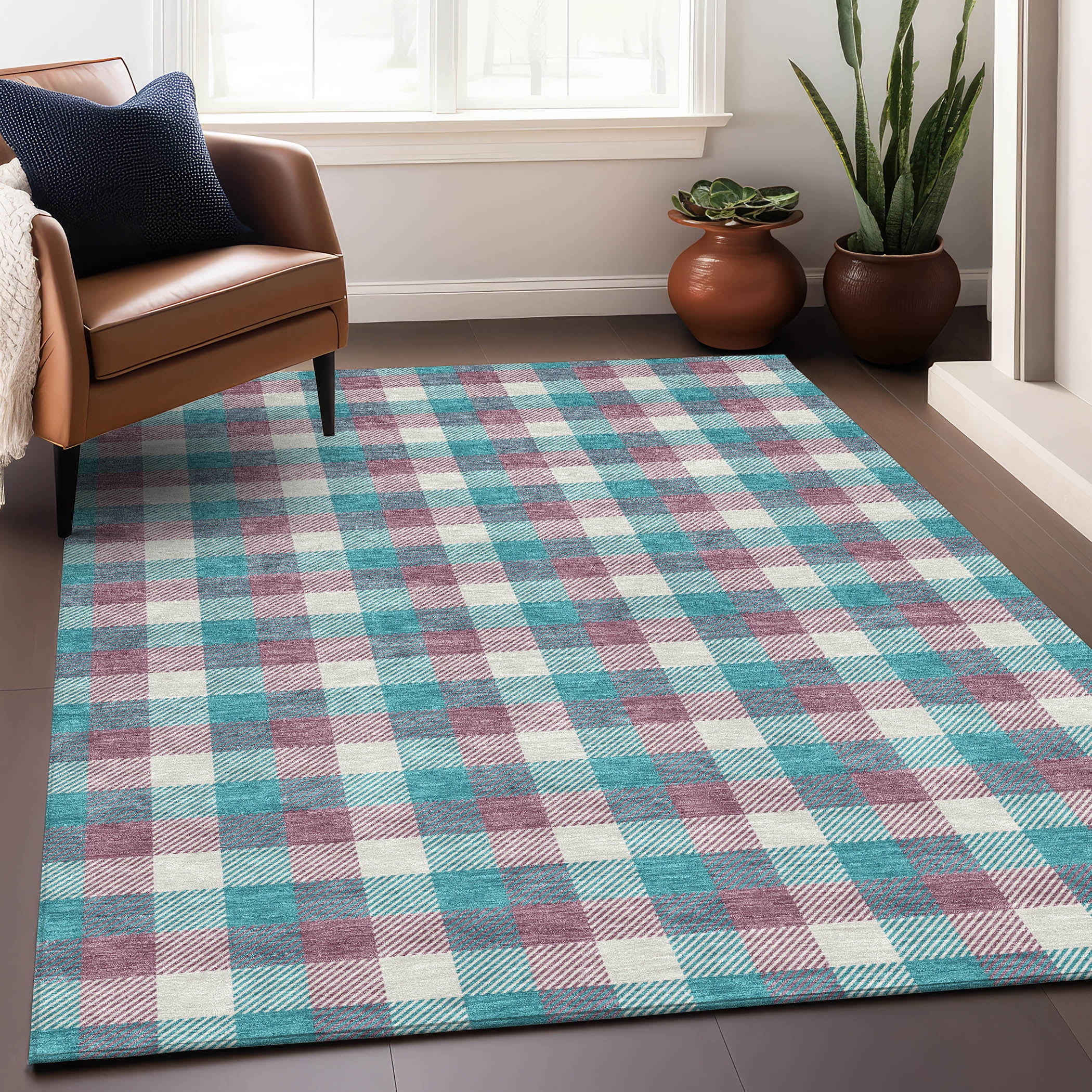 Teal and Plum Plaid Synthetic Washable Area Rug