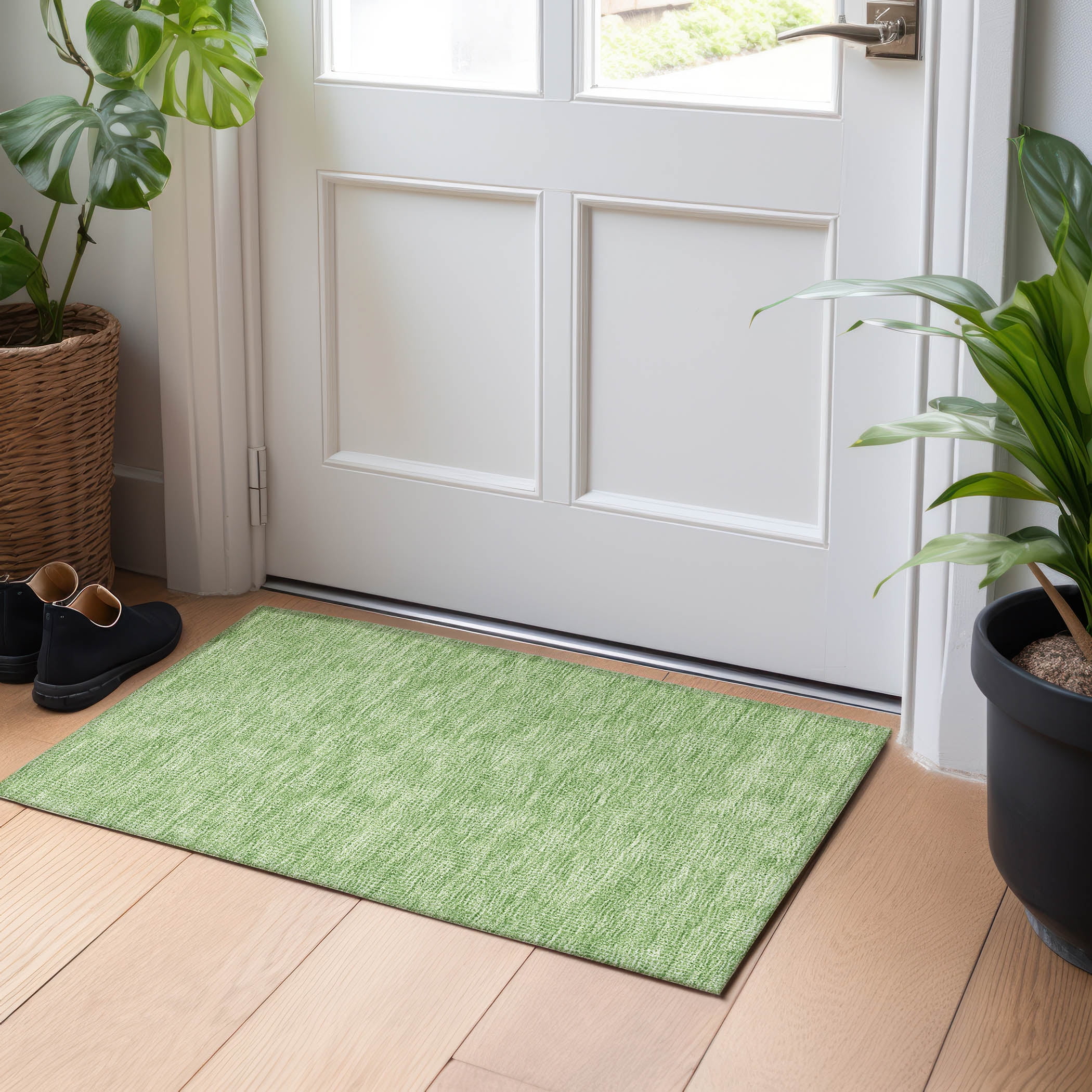 Green Flat Woven Synthetic Washable Rectangular Rug