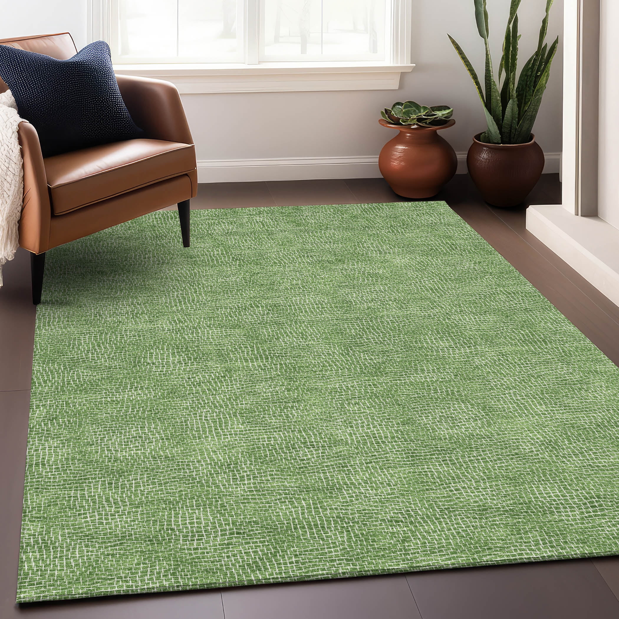 Green Geometric Pattern Washable Synthetic Indoor/Outdoor Rug