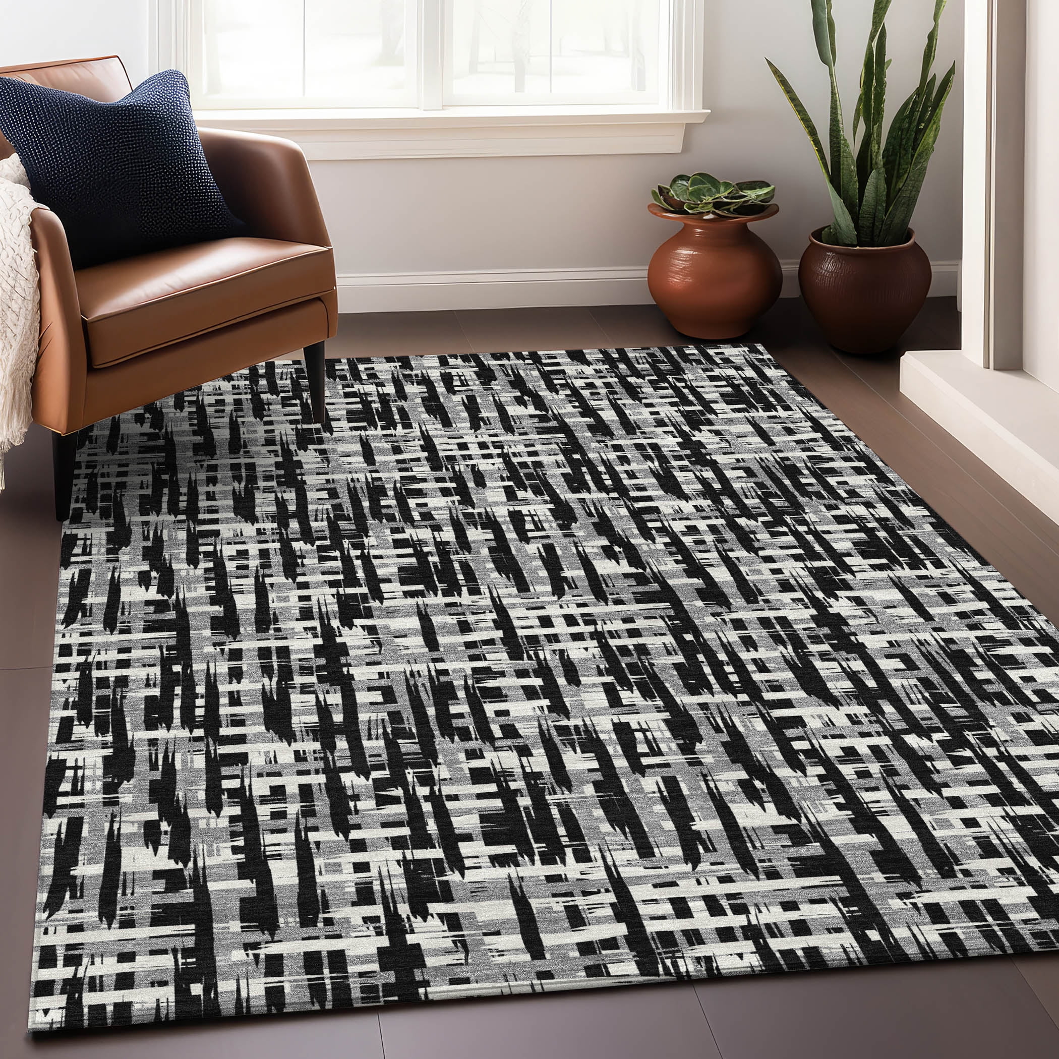 Black and Gray Synthetic Washable Rectangular Area Rug
